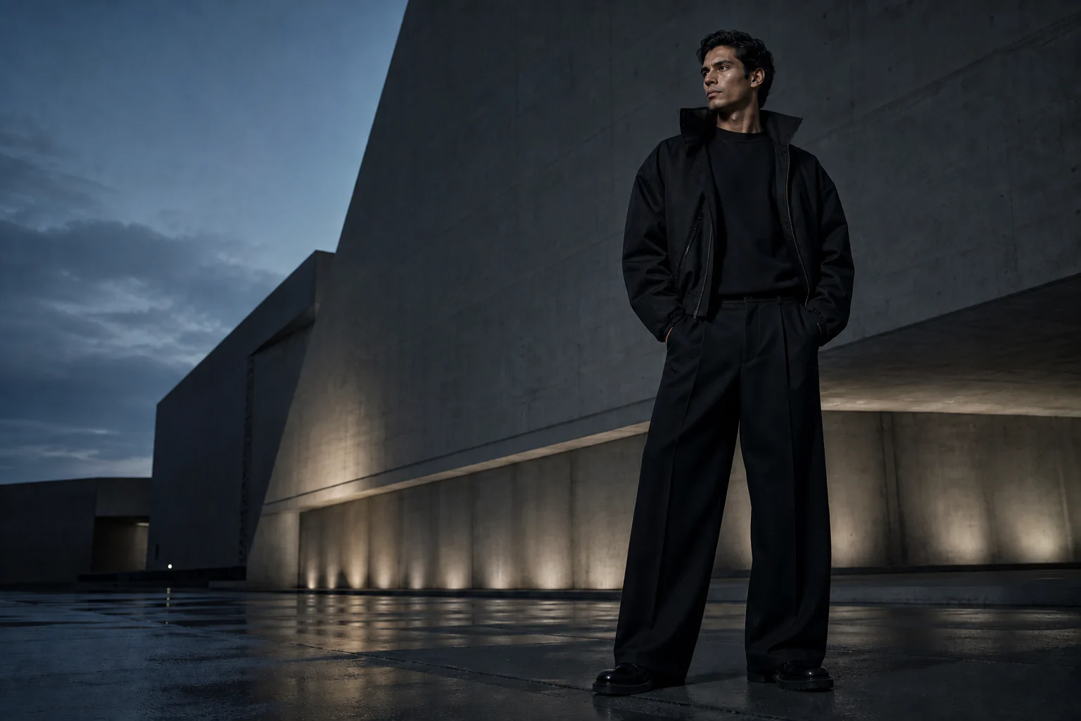Modelo VELZORI vistiendo prendas negras frente a arquitectura brutalista