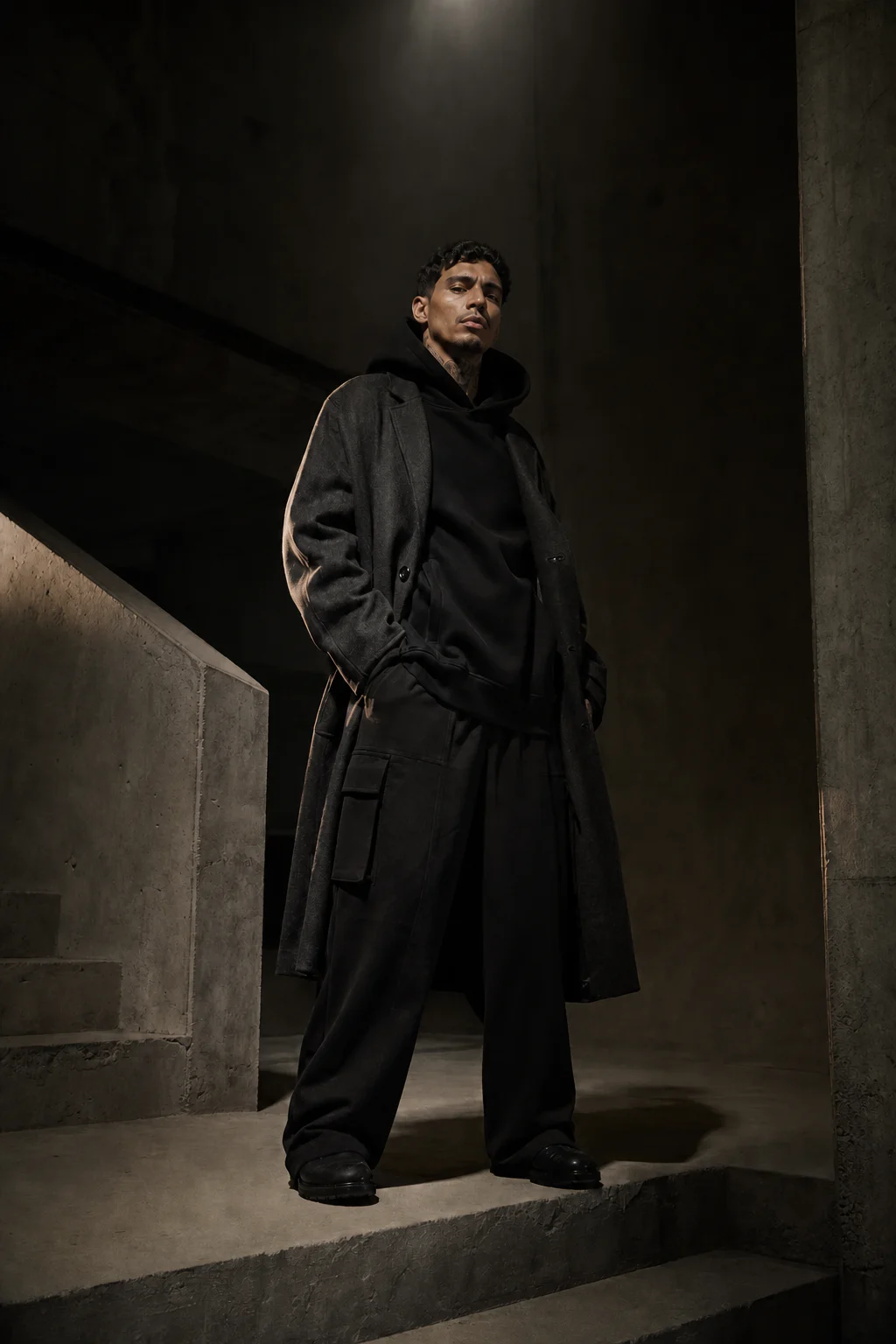 Modelo con hoodie, abrigo y cargo VELZORI en arquitectura de concreto