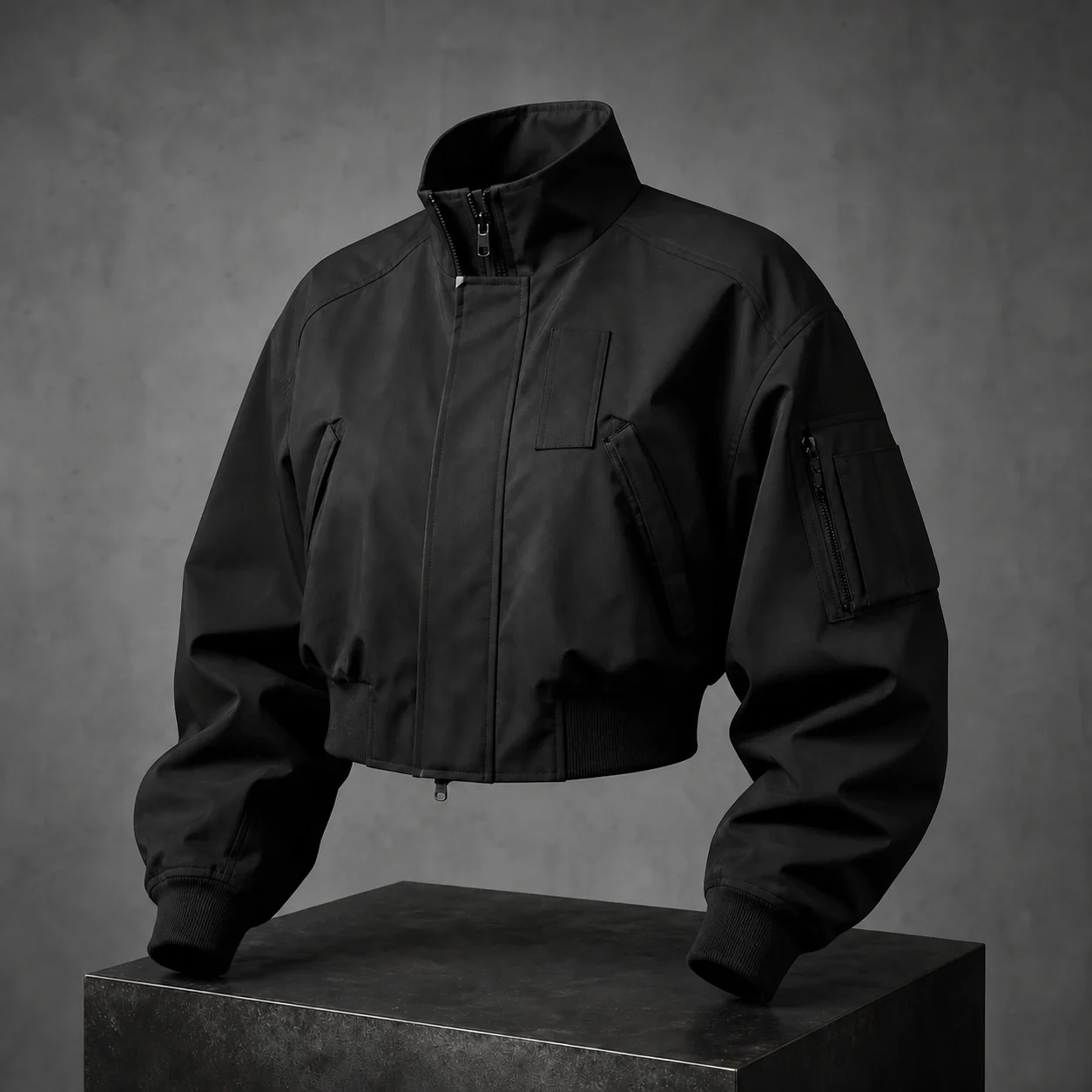 Bomber negra técnica VELZORI sobre pedestal oscuro
